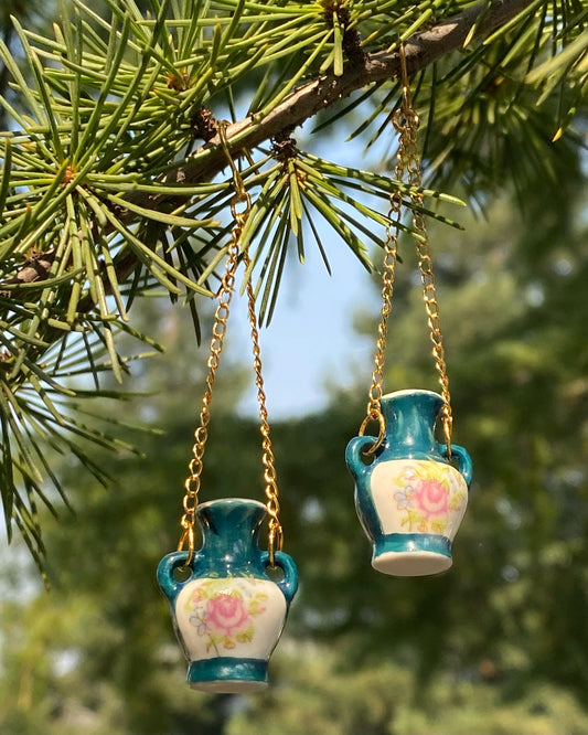 teal & rose ceramic vase earrings